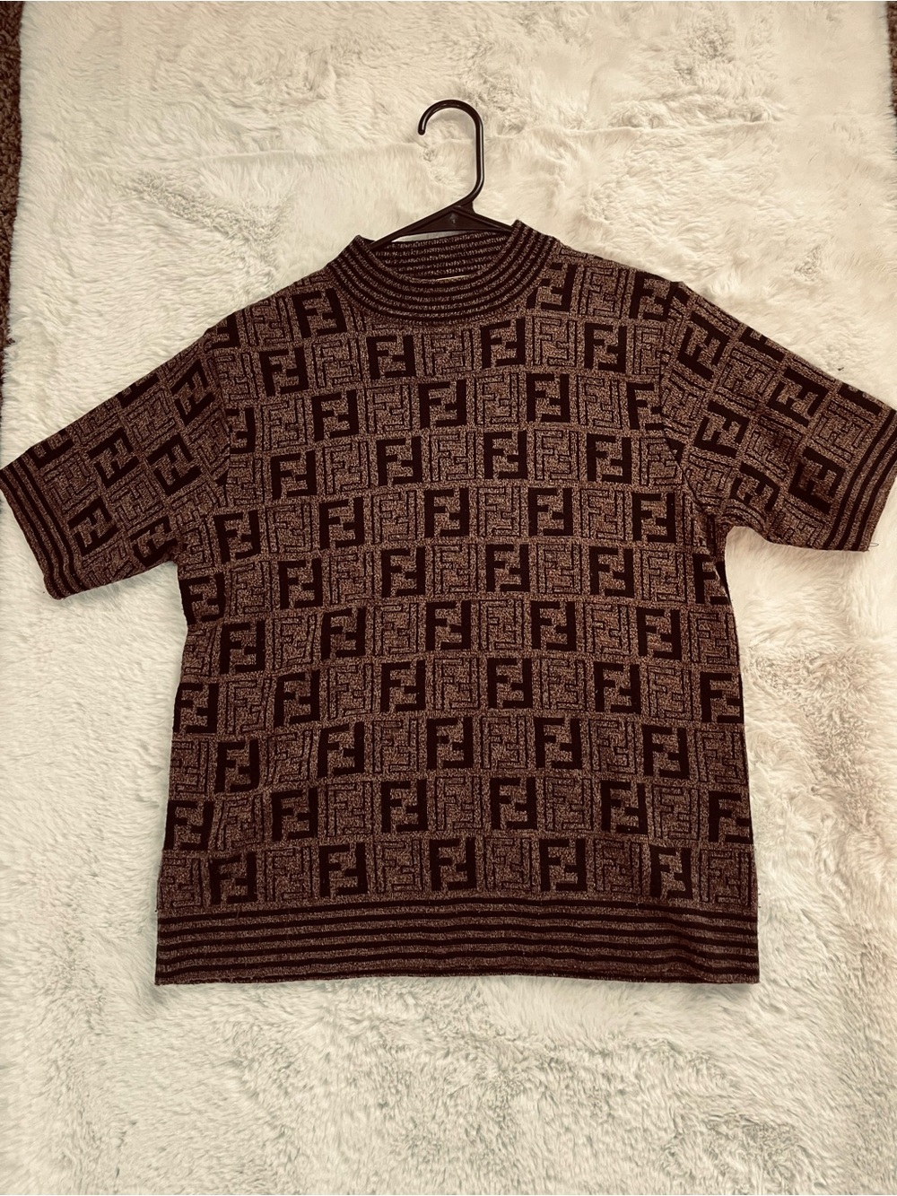Fendi FF Monogram Knit Top Short Sleeve Mock Neck Brown